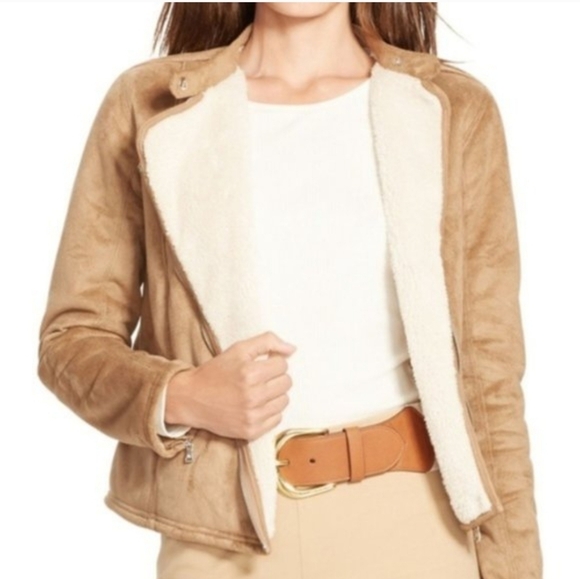 Lauren Ralph Lauren Faux Tan Suede Moto jacket Faux Shearling Lining Size PS
